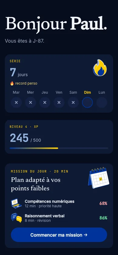 Tableau de bord Erudiam sur mobile : série et mission du jour.