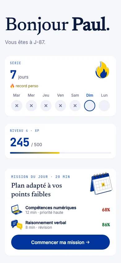 Tableau de bord Erudiam sur mobile : série et mission du jour.